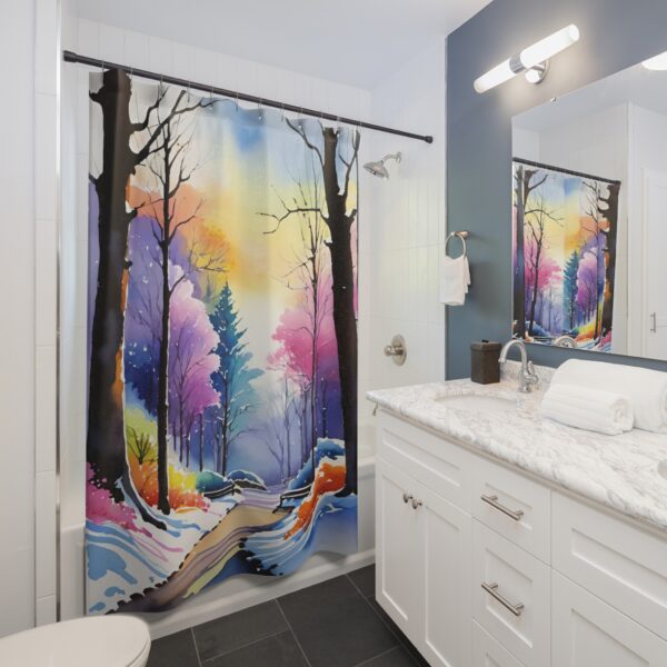 Winter Wonderland Shower Curtain – Vibrant Forest Scene - Image 4