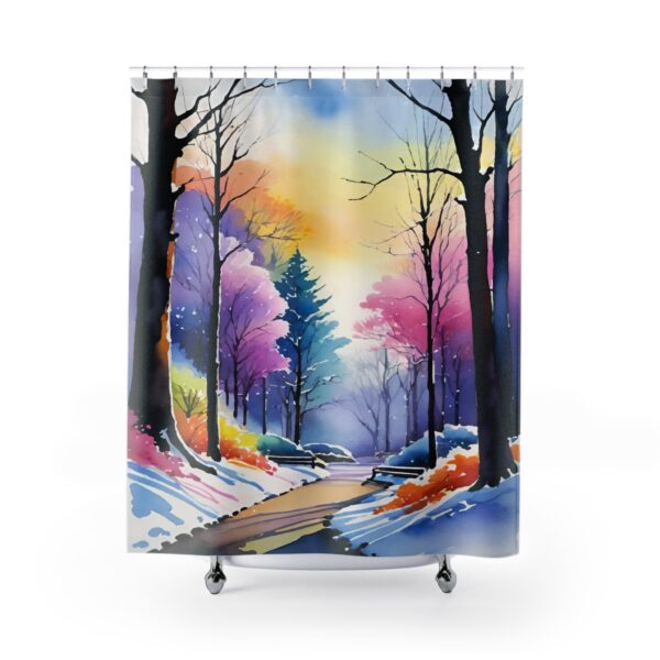 Winter Wonderland Shower Curtain – Vibrant Forest Scene - Image 2