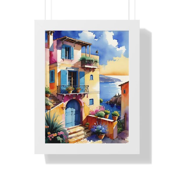 Charming Coastal Village Framed Vertical Poster - Vibrant Waterfront Art Decor - Image 2