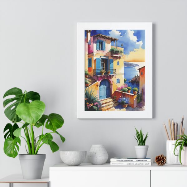 Charming Coastal Village Framed Vertical Poster - Vibrant Waterfront Art Decor