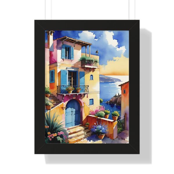 Charming Coastal Village Framed Vertical Poster - Vibrant Waterfront Art Decor - Image 4