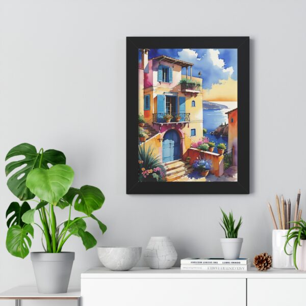 Charming Coastal Village Framed Vertical Poster - Vibrant Waterfront Art Decor - Image 5